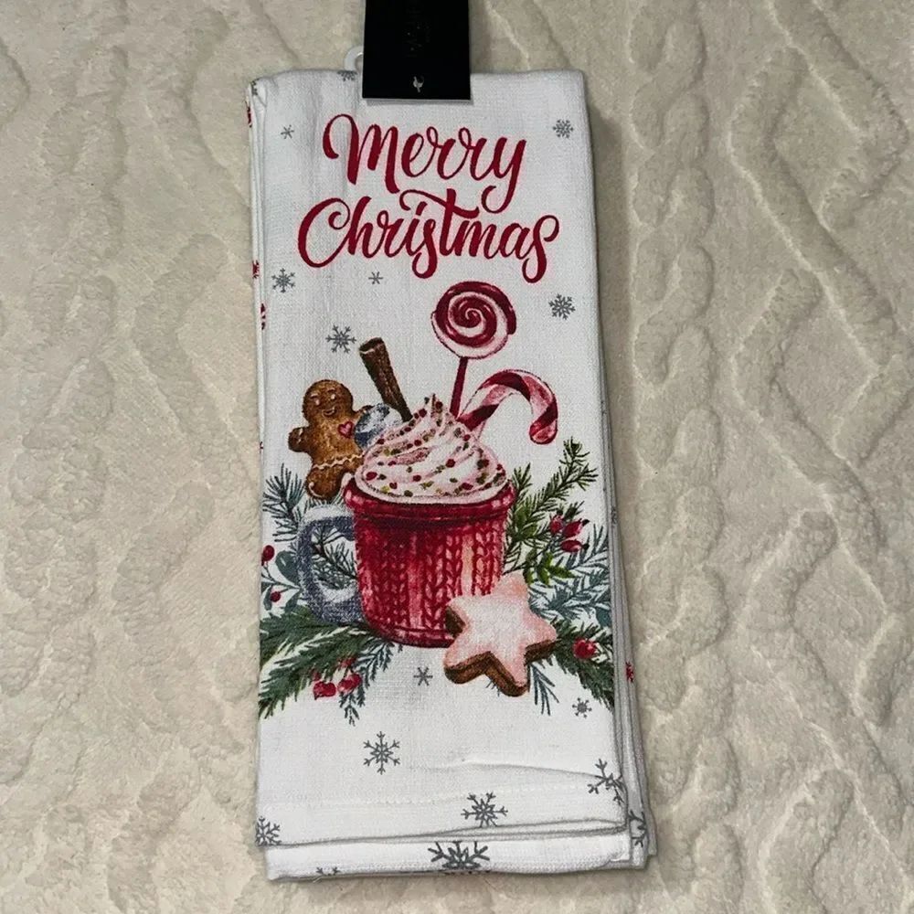 RACHEL ZOE Set of 3 Cotton White Red Green Christmas Gingerbread Kitchen Towels